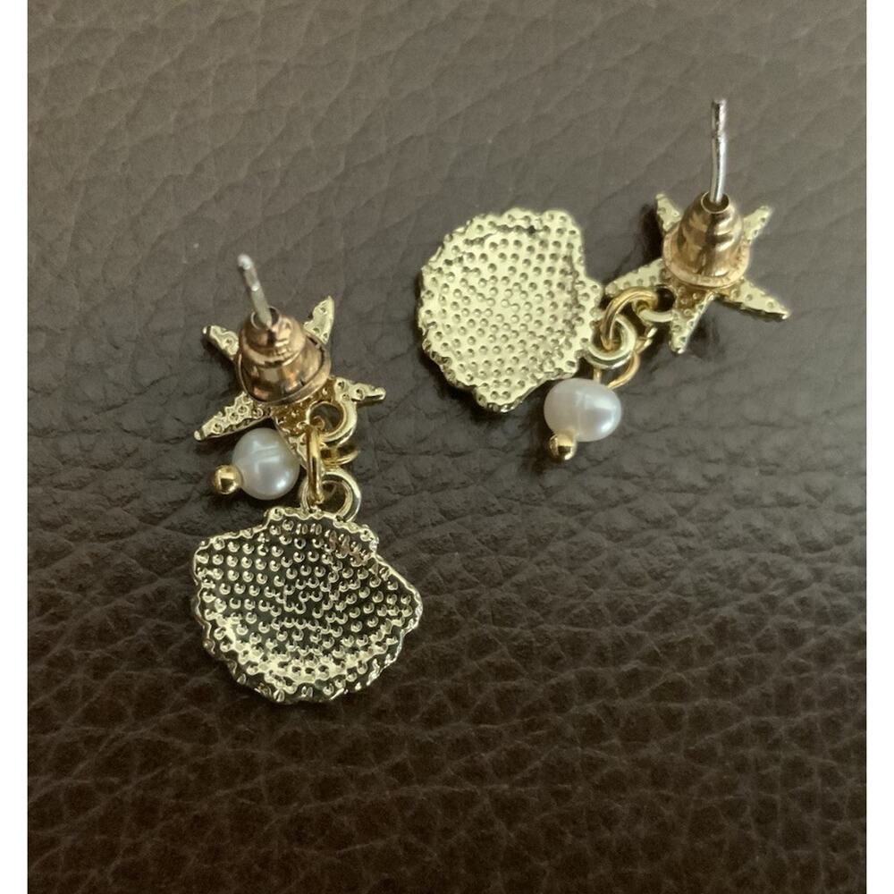 Anthropologie Seashell Earrings Starfish Pearl Gold Shell Boho 14k Plated Stud - Picture 8 of 9